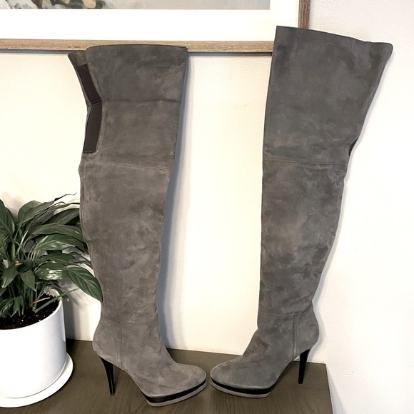 💕 Stuart Weitzman Over The Knee Slate Gray Suede High Heel Stiletto Boots 6.5W - Picture 2 of 13